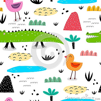 Seamless pattern with funny crocodiles, birds, lakes, mountains, decor elements. colorful vector for kids. Handmade flat style dra Vector Illustration